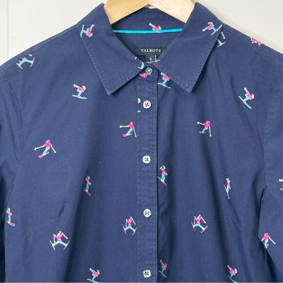 Talbots Size Small Navy Blue Oxford Shirt with Embroidered Skiers - Picture 3 of 7